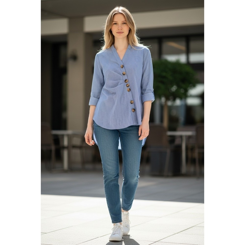 Tibi Blue Jones White Pinstripe Asymmetrical Button Cotton Blouse Top Size 2